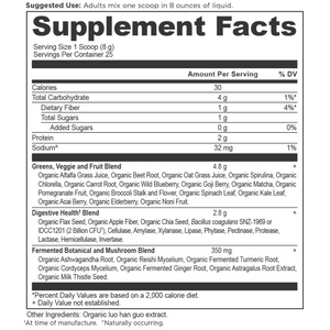 Organic Supergreens Supplement Facts Panel