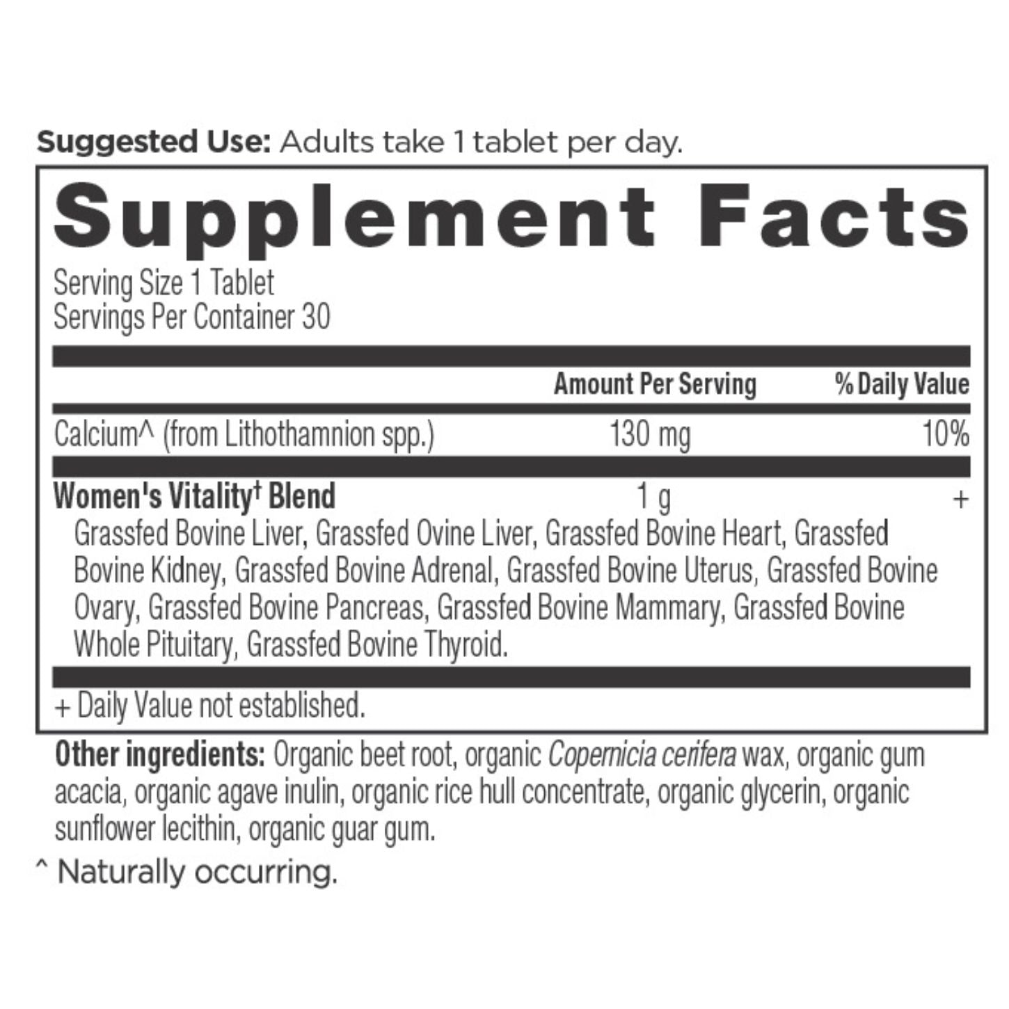 Women's Vitality Once Daily | Tablets (30 Tablets) supplement label