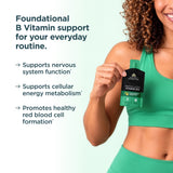 A woman in a green sports bra holds a green and black pouch of Methylated Vitamin B12 Gel Packs Passionfruit Lemonade (28 Servings) against a pale mint background, with promotional text on the left.