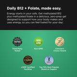Promotional graphic for Methylated Vitamin B12 Gel Packs Passionfruit Lemonade, featuring text on a dark charcoal background and a green section with award-style badges including 'Third-Party Tested,' 'Non-GMO,' 'Clinician's Choice Award,' 'CGMP Certified Facilities,' and 'Top 10% Most Popular Brand on Supco.'.