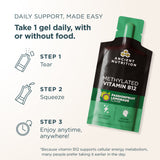 Ancient Nutrition Methylated Vitamin B12 gel pouch in Passionfruit Lemonade flavor, shown on a light beige background with usage instructions: tear, squeeze, and enjoy anytime.