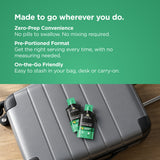 Two packs of Methylated Vitamin B12 Gel Packs Passionfruit Lemonade placed on a gray hard-shell suitcase, with a green text banner above describing zero-prep convenience, pre-portioned format, and on-the-go friendliness.