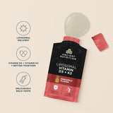 Ancient Nutrition Liposomal Vitamin D3 + K2 in pineapple flavor, shown as a squeeze pouch with a detached cap and a translucent bubble on a beige background with three feature callouts.