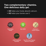 Promotional graphic for a Liposomal Vitamin D3 + K2 Gel Packs Pineapple, featuring text on a black and red background with five award and certification badges including Third-Party Tested, Non-GMO, Clinician's Choice Award, cGMP Certified Facilities, and Top 10% Most Popular Brand on Supco.