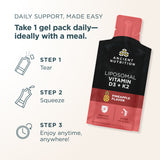a Liposomal Vitamin D3 + K2 Gel pack on a white background with text to the left that explains how to use the product- tear, squeeze, enjoy anytime!