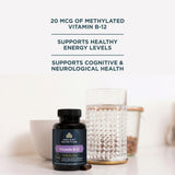 Ancient Nutrition Vitamin B-12 supplement bottle displayed on a white surface with a glass of water and kitchen items in the background, with text overlays highlighting its benefits.