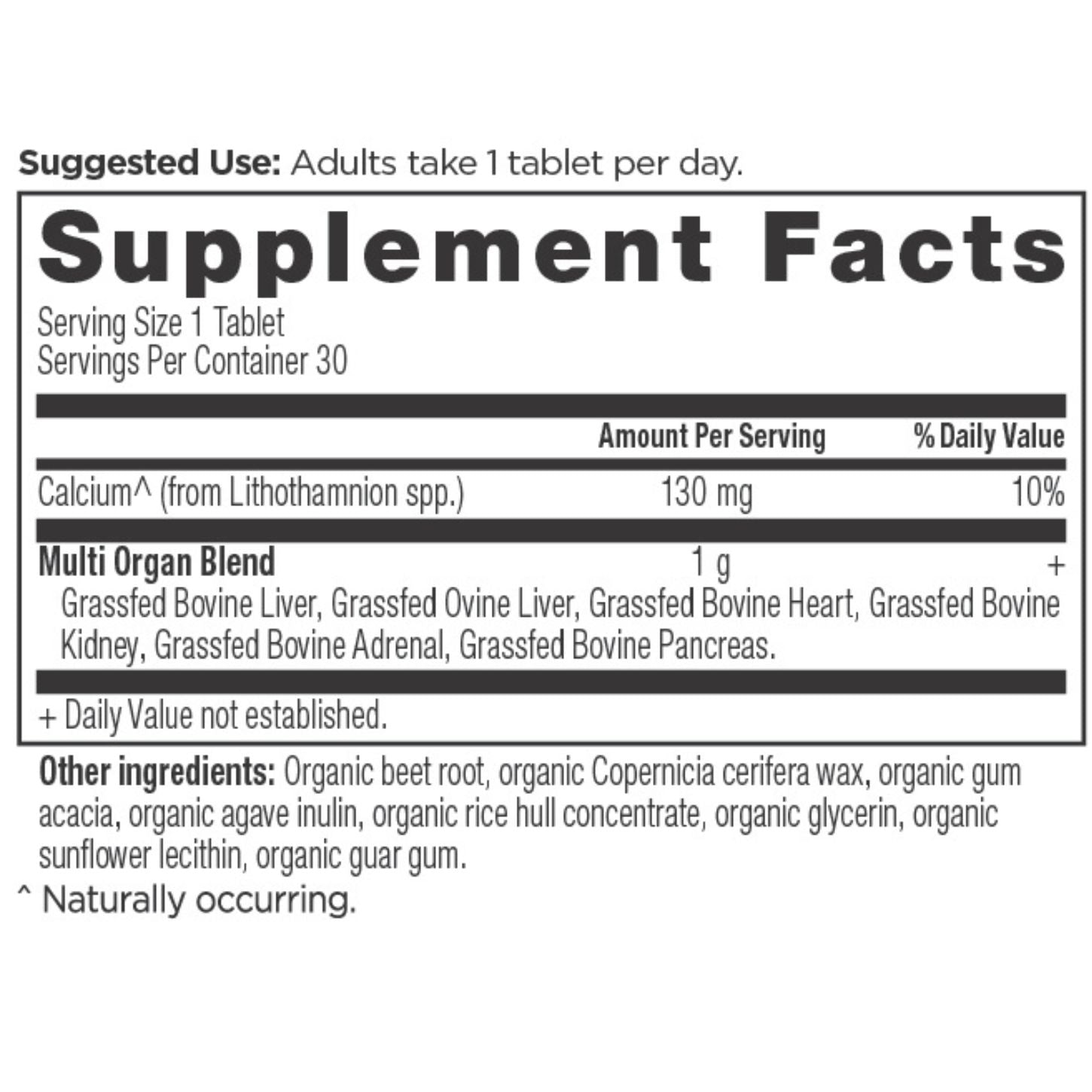 Organs Blend Once Daily Tablets supplement label