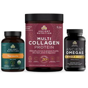bottle of turmeric tablets, multi collagen protein and omegas whole body 