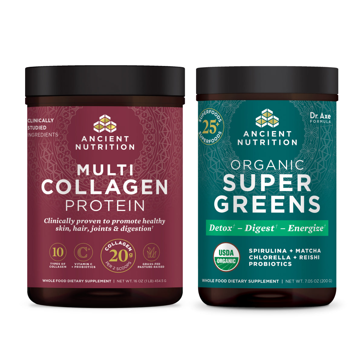 Bottle of Multi Collagen Protein Powder Pure and bottle of Organic SuperGreens powder side by side