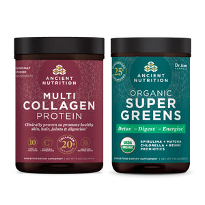 Bottle of Multi Collagen Protein Powder Pure and bottle of Organic SuperGreens powder side by side