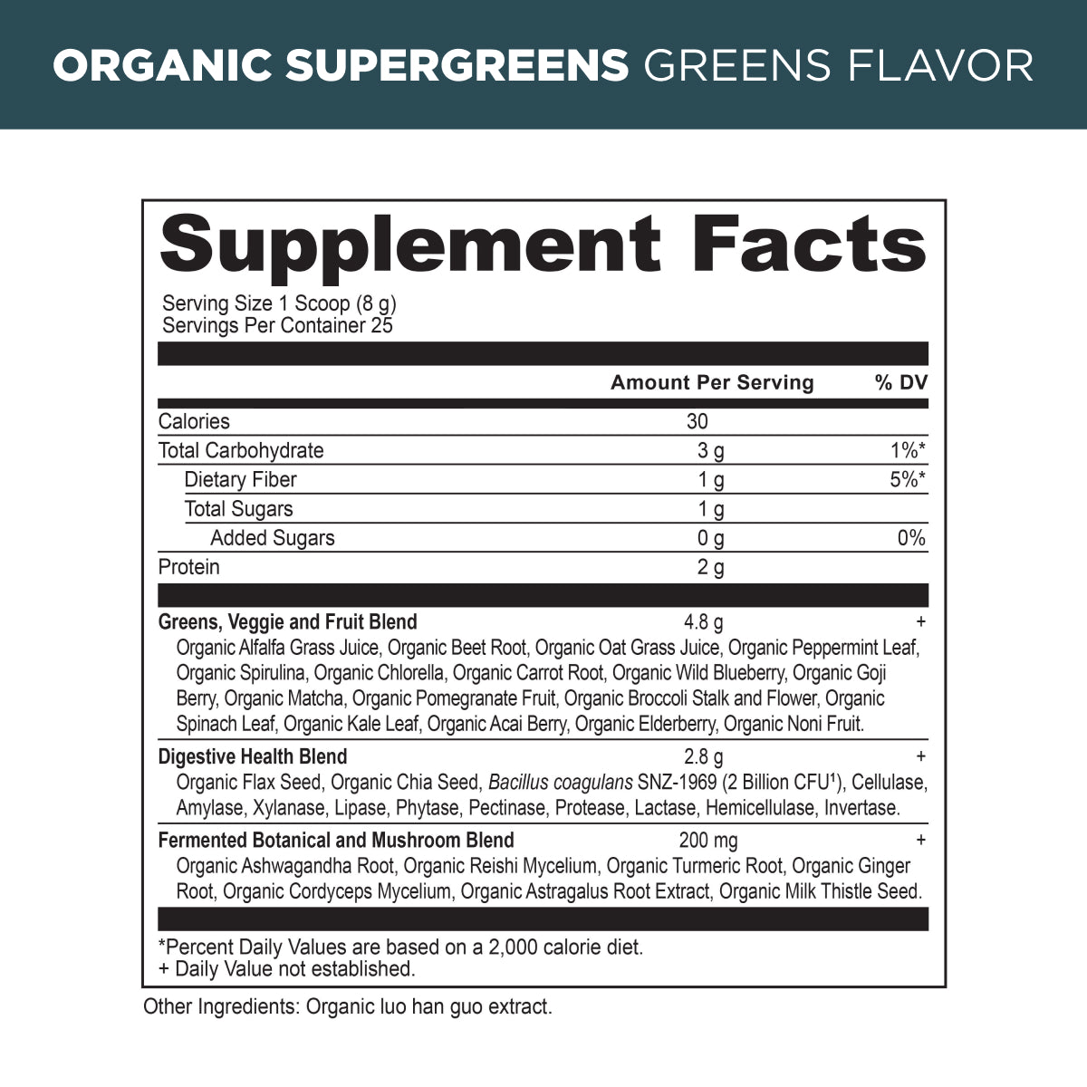 Organic SuperGreens Powder Greens flavor supplement label