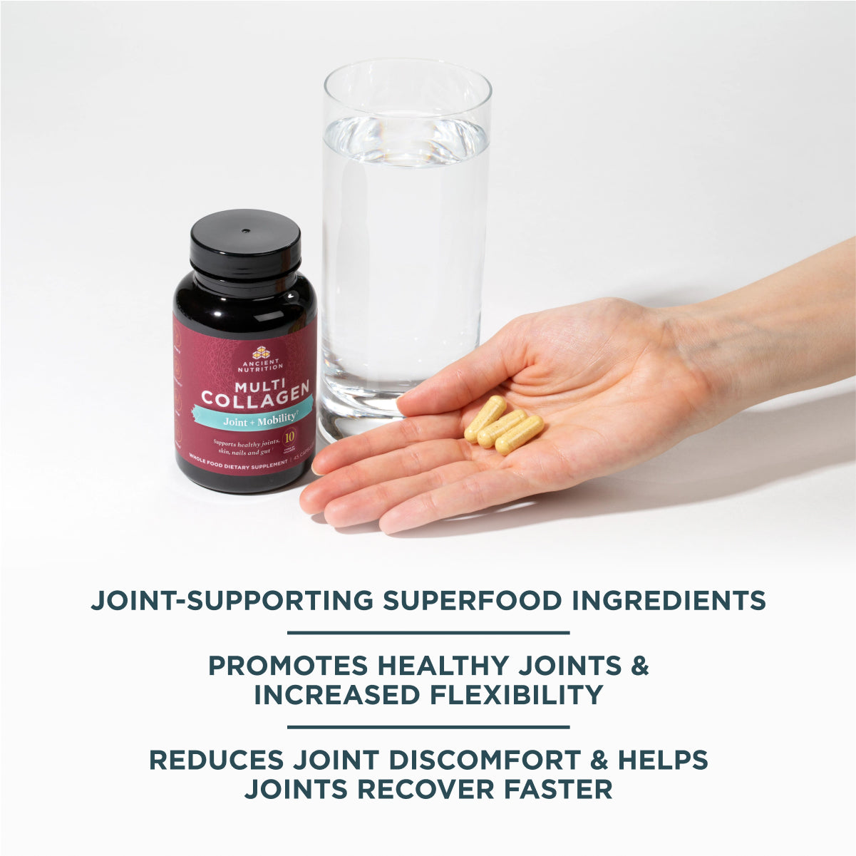 person holding a bottle of multi collagen capsules joint + mobility 