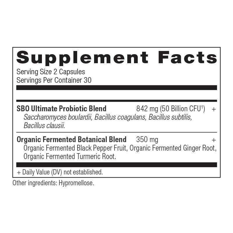 SBO Probiotics Ultimate Capsules supplement label