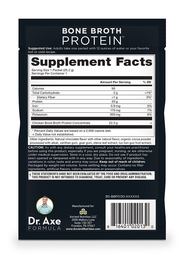 bone broth protein chocolate single packs supplement label