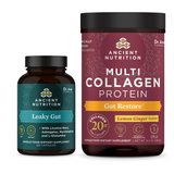 bottle of leaky gut capsules and bottle of multi collagen protein powder gut restore 