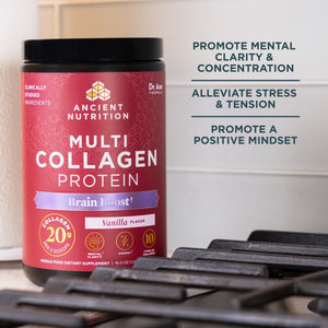Multi collagen brain boost powder next to a stove