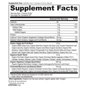 Organic Super Greens + Organic Collagen Powder supplement label