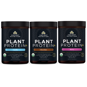 bottles of Plant Protein Vanilla, Chocolate and Berry