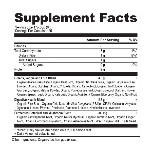 Organic SuperGreens Powder Greens Flavor supplement label