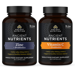 Bottle of Zinc + Probiotics and bottle of Vitamin C + Probiotics 