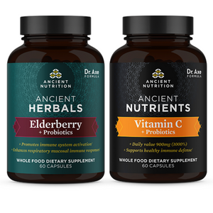 bottle of elderberry + probiotics and bottle of vitamin c + probiotics