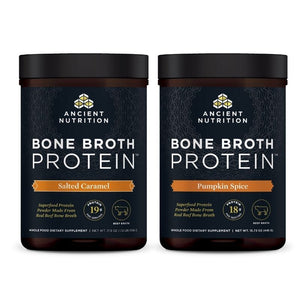 Bone broth protein salted caramel and bone broth protein pumpkin spice bottles