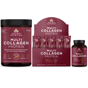 bottle of multi collagen protein powder, multi collagen protein stick pack box and multi collagen capsules