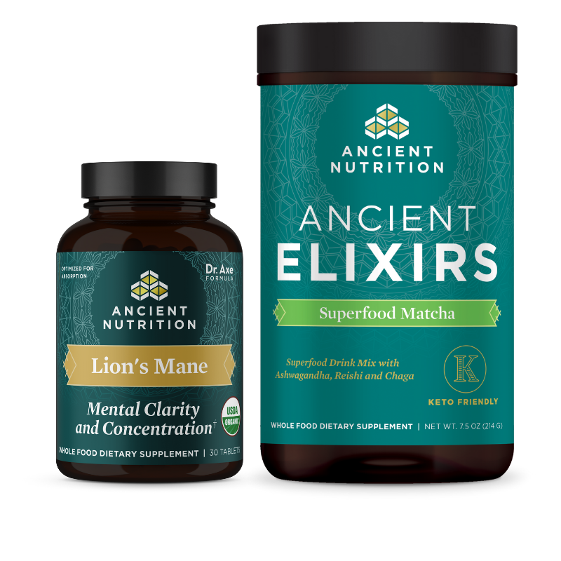 bottle of lions mane and ancient elixirs matcha 