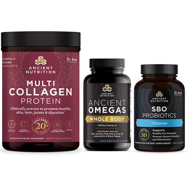 bottle of multi collagen protein, omegas whole body softgels and SBO Probiotics Ultimate