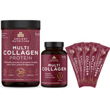 bottle of multi collagen protein, multi collagen capsules and multi collagen stick packs